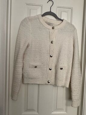 Ivory Cropped Knit Cardigan with gold Buttons